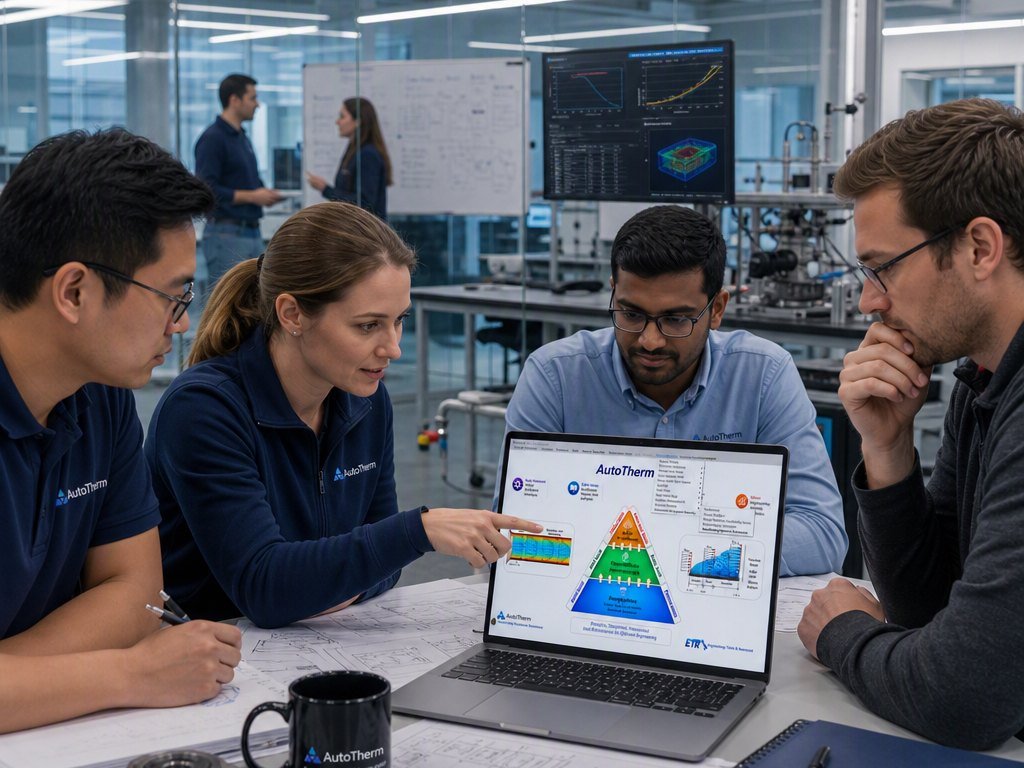 An engineering team reviewing a problem together around a laptop running AutoTherm