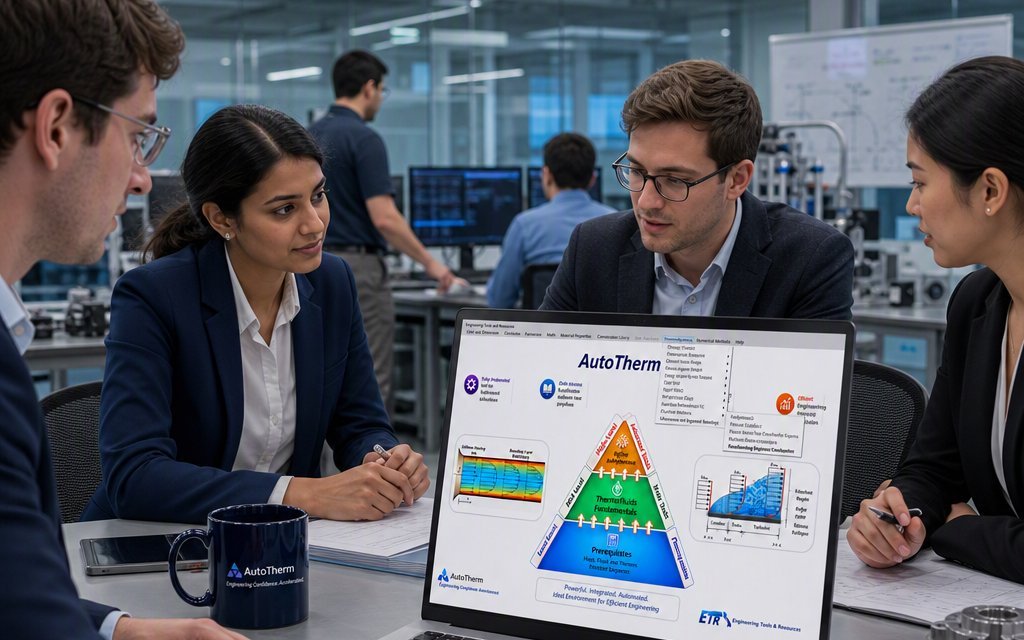 Engineers around a laptop running AutoTherm in a meeting