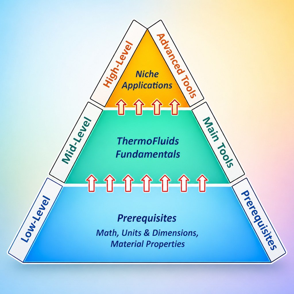 AutoTherm levels: Prerequisites (math, units and dimensions, material properties) at the base, Thermofluids Fundamentals as the main tools, and Niche Applications as advanced tools at the top