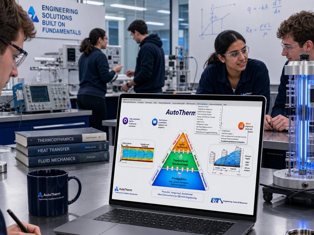 Engineering students in a lab with AutoTherm open on a laptop next to heat transfer, fluid mechanics and thermodynamics textbooks