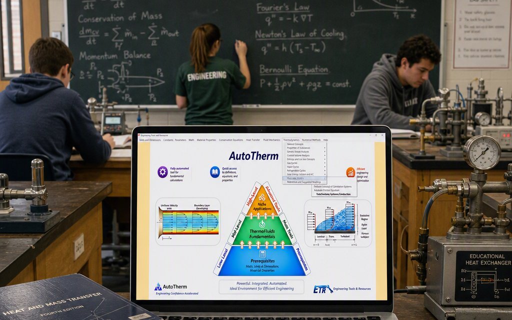AutoTherm on a laptop in an engineering lab, students working in the background